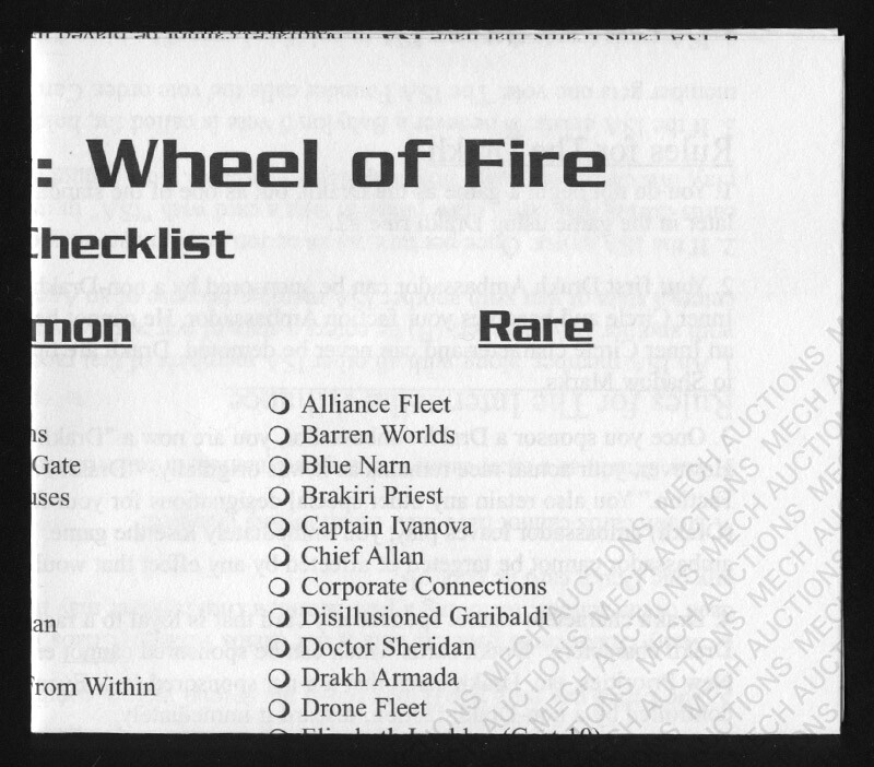 Babylon 5 CCG Wheel of Fire Official Checklist From a Booster Box of