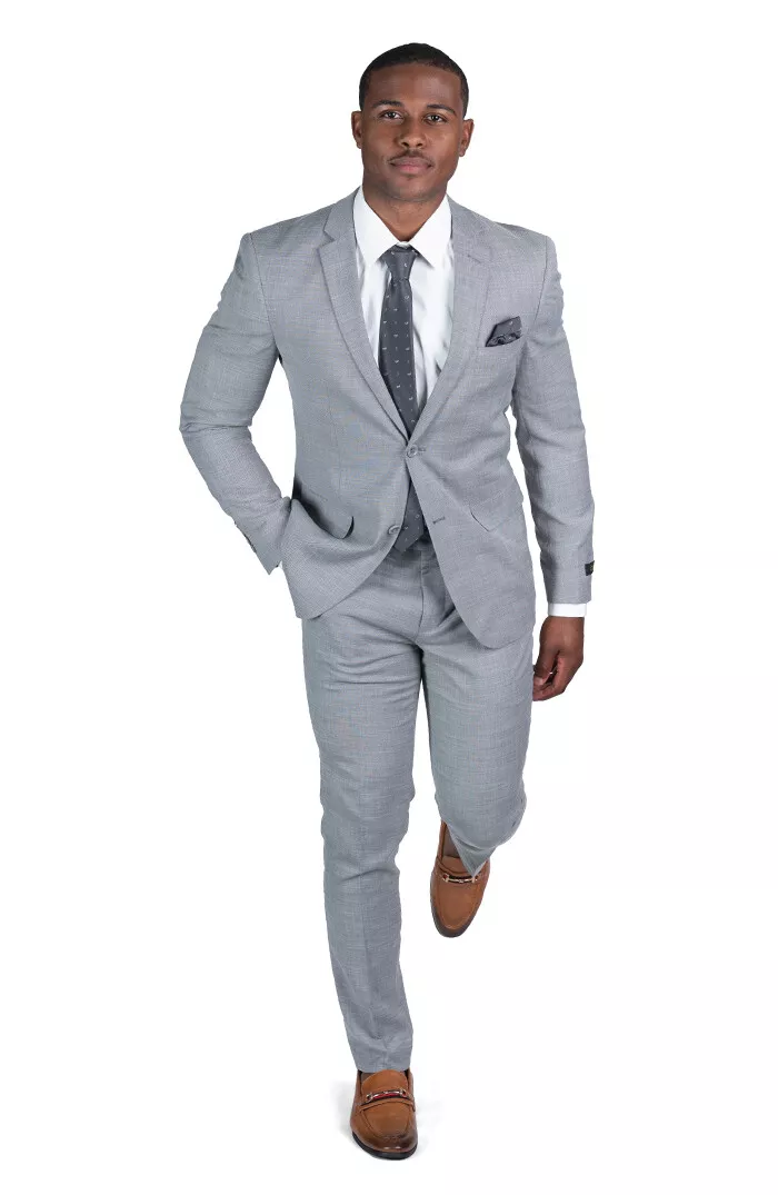 Slim Fit 2 Button Men Solid Medium Grey Suit Notch Lapel Flat