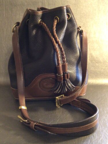 Dooney Bourke Black & Brown AWL Pebbled Leather Drawstring Bucket Shoulder Bag