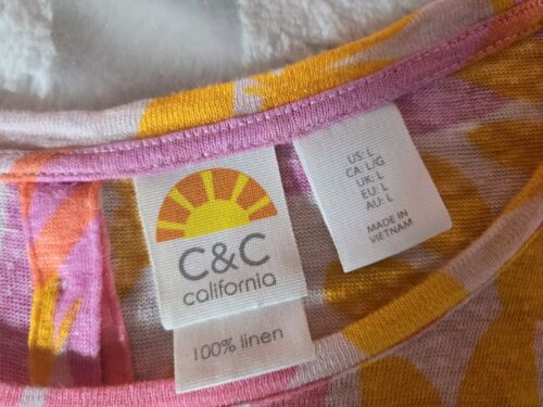 C&C California 100% Linen Button Back Top Womens Tropical Pink Orange Floral L - Picture 7 of 10