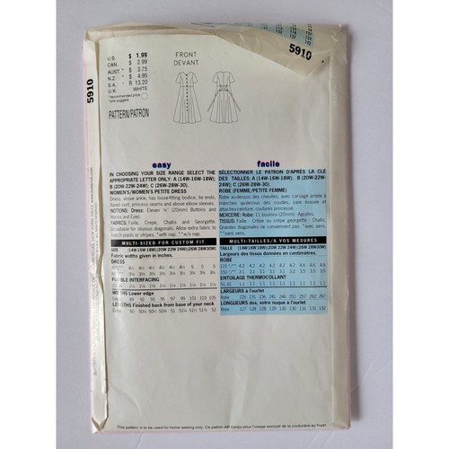 B42 B44 B46 Sewing Pattern for Front-Button Dress w Tie Back 90s Butterick 5910 - Picture 5 of 5