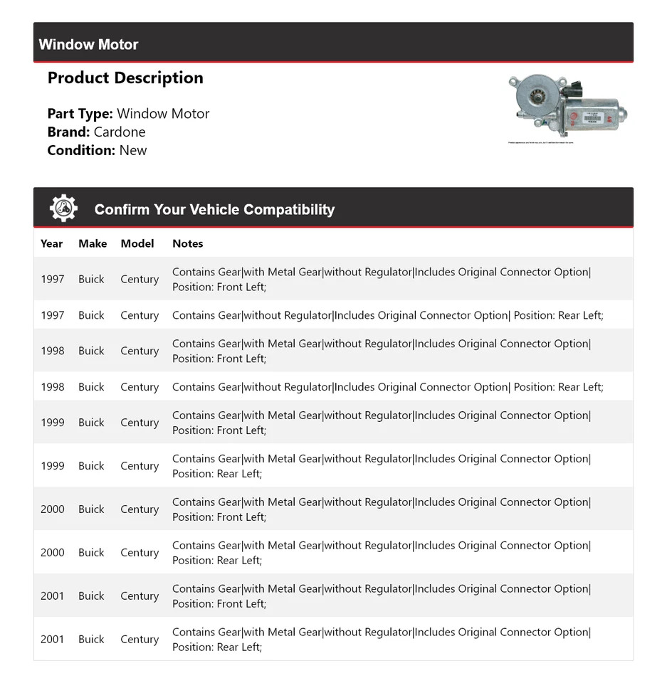 Para 1997-2001 Buick Century Window Motor Cardone 1998 1999 2000 - Imagem 2 de 4
