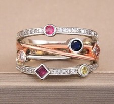 Silver Rose gold 4 level ring yellow blue pink bubbles & diamond shapes size 62