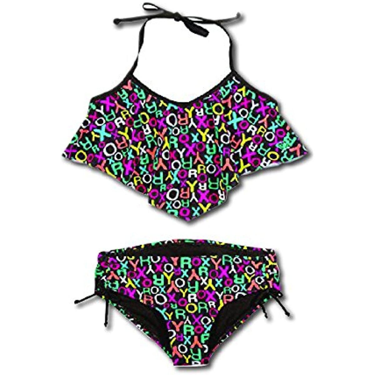 Roxy Girls' 2-piece Halter Bikini Swimsuit Set, Black Pop Logo