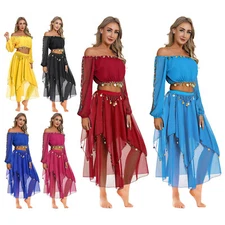 Womens Dancewear Shiny Belly Dancing Stage Crop Top With Skirts Lady Halloween