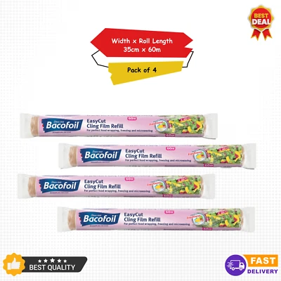 BACOFOIL 4 x EasyCut Cling Film Refill Food Wrapping Non-Stick Microwave Safe 35cmx60m