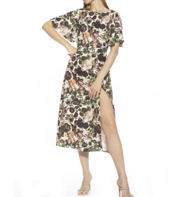 Alexia Admor Flutter Sleeve Boatneck Midi Dress Women s Size 2 Green Floral Flaw