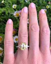 Canary Yellow Emerald Cut 3.45CT Citrine  Shiny White CZ Three Stone Women Ring