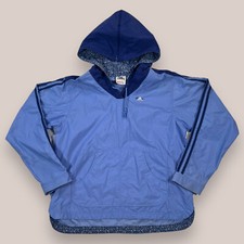 VTG Adidas Three Stripes Blue Pullover Windbreaker Pockets Zip Hood Women's Sz M
