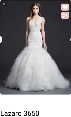 Lazaro White Lace 3650 and Tulle Mermaid Gown Modern Wedding Dress