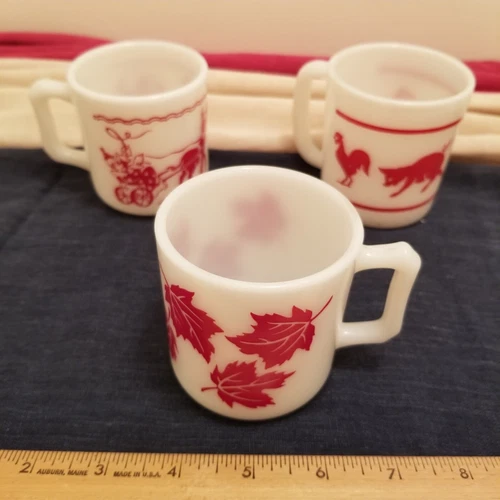 3 Vintage Hazel Atlas Mugs Child Size Milk Glass Red Circus Leaves Farm Animals