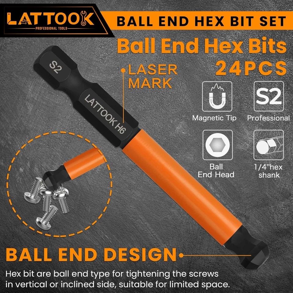 Ball End Hex Head Allen Wrench Drill Bit Set, 24PCS 2.5 Inch Metric & SAE Sizes - Image 3 of 4