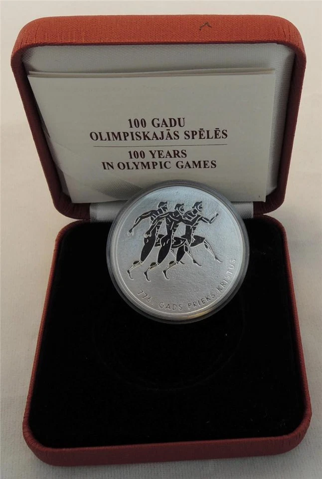 LATVIA 2012 100 YEARS IN OLYMPIC GAMES 22g SILVER PROOF COIN 1 LATS + COA + BOX - Image 2 of 2