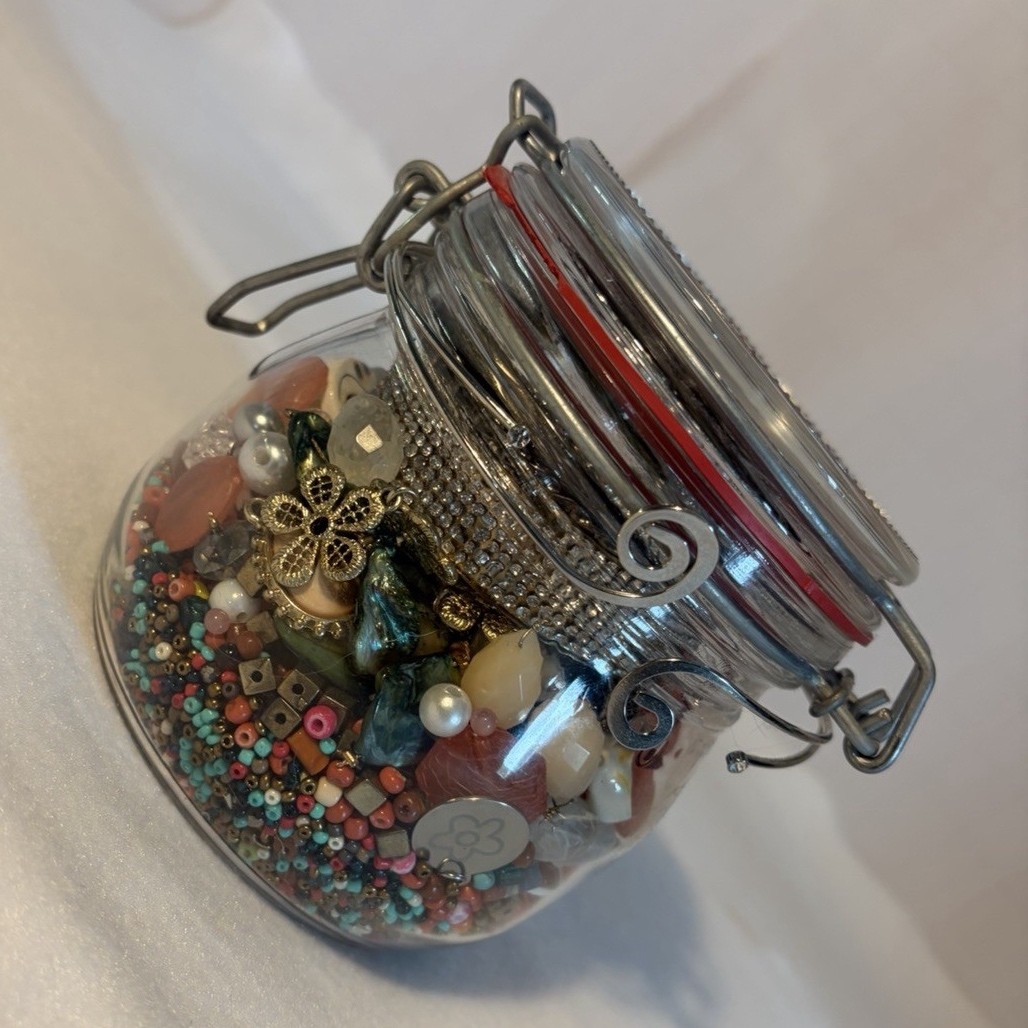 Mixed Jewelry Jar- Beads Bracelets Earrings Necklaces Brooch