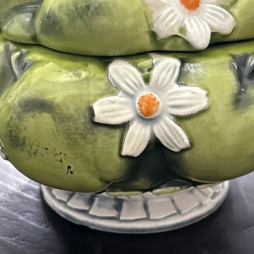 Vintage 1967 Inarco E 2862 Japan Green Apple and Daisy Lidded Dish Chipped - Picture 7 of 24