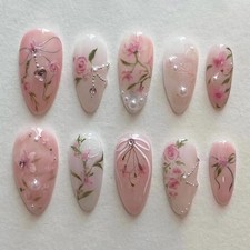 24Pcs Medium Almond Plastic Flower Style Press-On False Nails - 3D Pearl