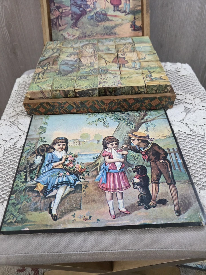 Antique Wood Block Puzzle 6-in-1 Picture Cubes Victorian w/ Box 5 Guide Sheets - Image 4 of 4