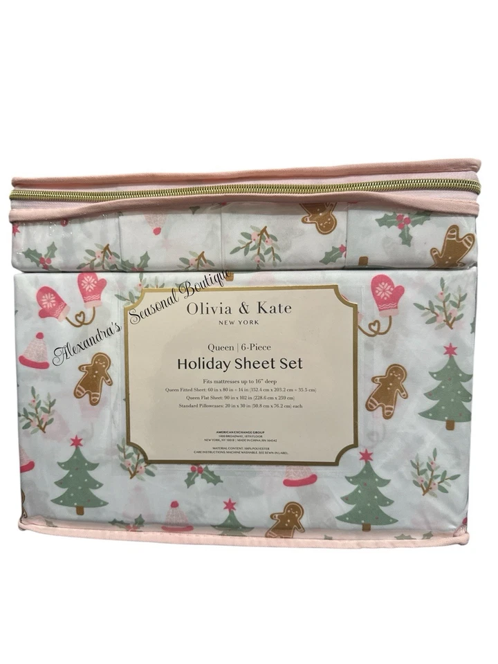 Набор простыней Olivia & Kate Queen 6 шт. пряничный человек рождественская елка розовые варежки - Изображение 3 из 4