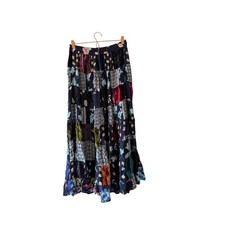 Vintage 90s Navy Blue Patchwork Floral Velvet Maxi Skirt Size S Boho Whimsigoth