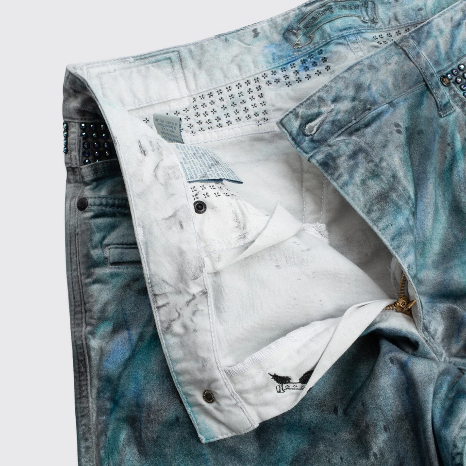 Motocicleta Robin's Jean Motard W36 verde tie dye salpicaduras tachonadas hecha en EE. UU. Foto 4 de 4