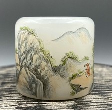 Anello intagliato modello uomo montagna dipinto vetro marcato Qianlong 1,6"