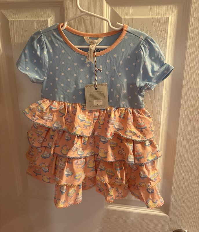 Matilda Jane Girls Size 4 Birthday Blue Pink Polka Dot Fit & Flare Ruffle Top