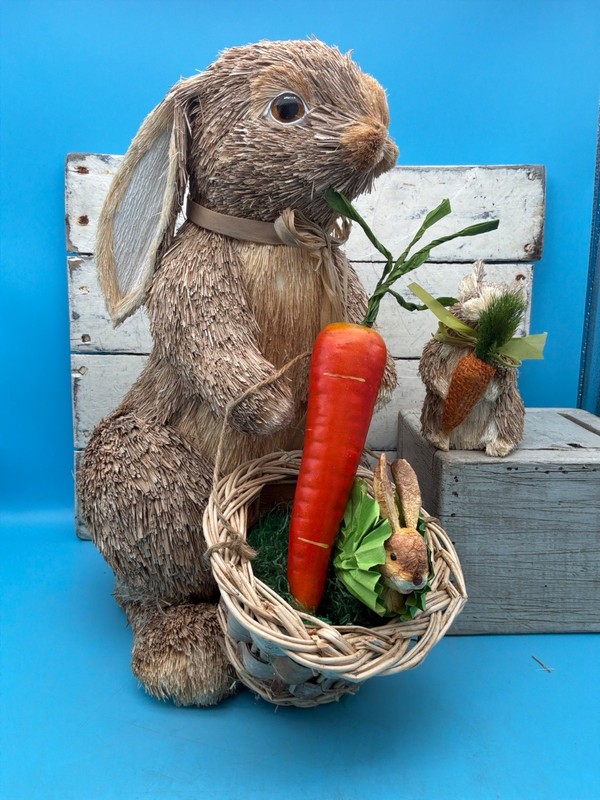 Large Sisal/Straw Rabbit w/Bunnies, Basket, Carrot, Easter/Spring Decor