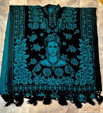 Poncho Mexicano Frida Kahlo Flecos Gaban Tejido Jorongo Azul Negro Talla Única Arte