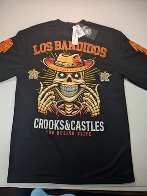NEW Crooks & Castles T-Shirt Men's MEDIUM Skull skeleton Cowboy Black NWT