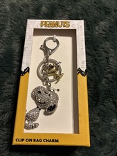 Snoopy Peanuts Pave Crystal Rhinestone Keychain/Clip On Bag Charm W/woodstock
