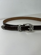 Brighton Ornate Silver Buckle Croc Embossed Brown Belt Women Size 34 ML Western