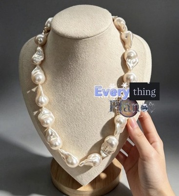 White Natural Baroque Pearl Necklace with Statement 14-16mm 18 White Gold Plated