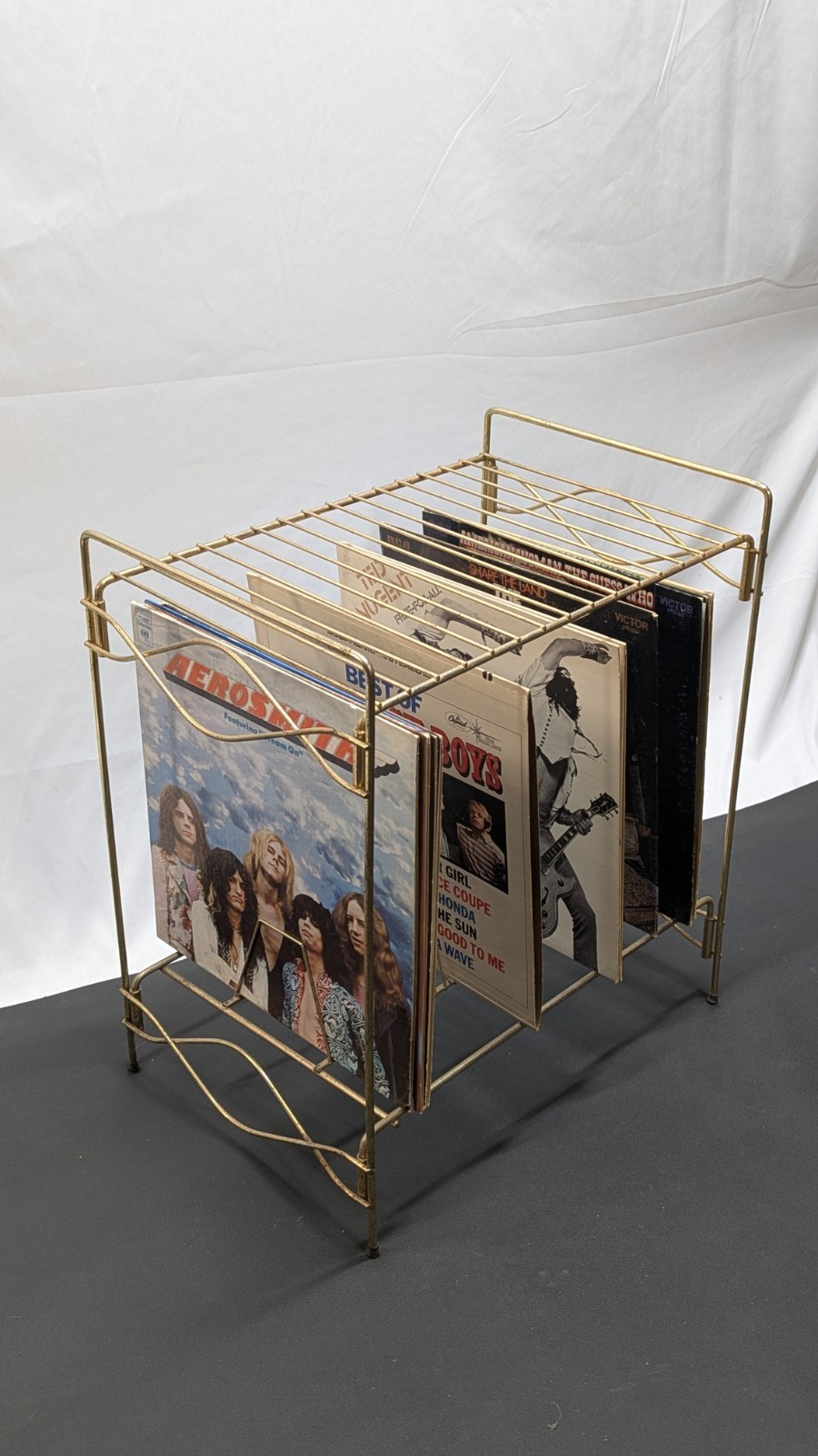 Vtg MCM Metal Wire Stereo Stand Vinyl Record LP Rack Retro Space Age Gold Table