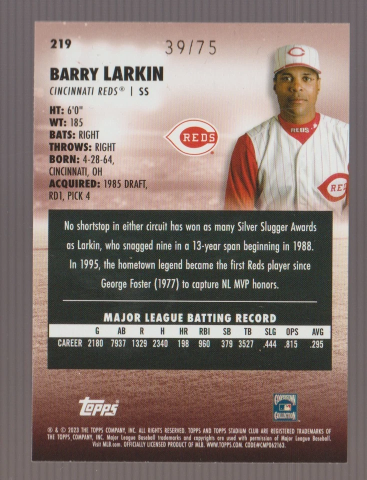 2023 Topps Stadium Club BARRY LARKIN PURPLE FOIL 39/75 #219 REDS - Image 2 of 2