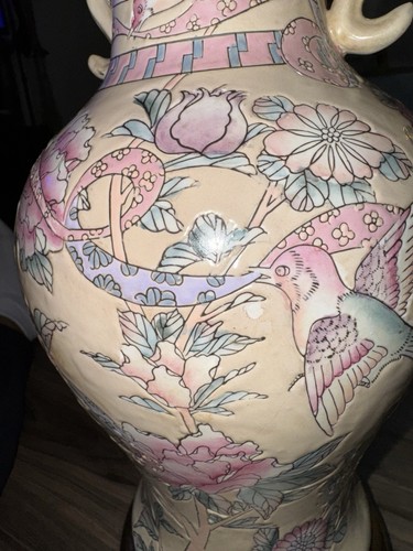 Unique RARE Chinese Porcelain Gilt Vase Lamp w Flowers Ribbon Bird Pattern ANTQU - Picture 12 of 24