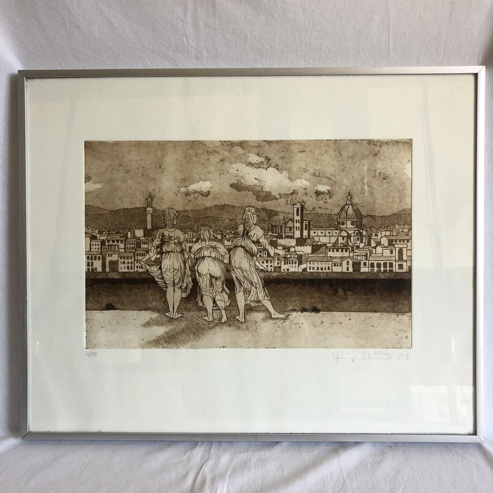 "Erotischer Blick auf Florenz" Original Sepia Radierung signiert limitiert  1/50