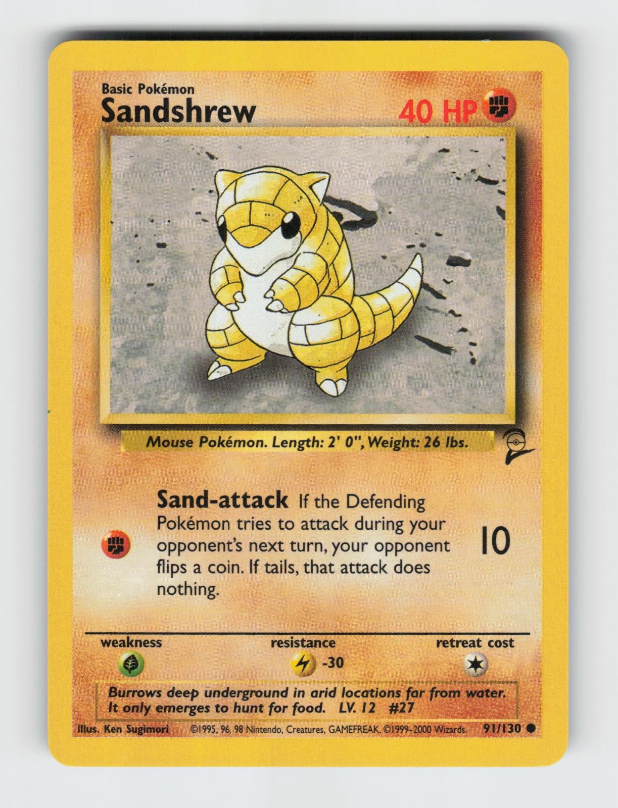 Sandshrew 91/130 Common Base Set 2 Pokemon 2000 Lightly Played