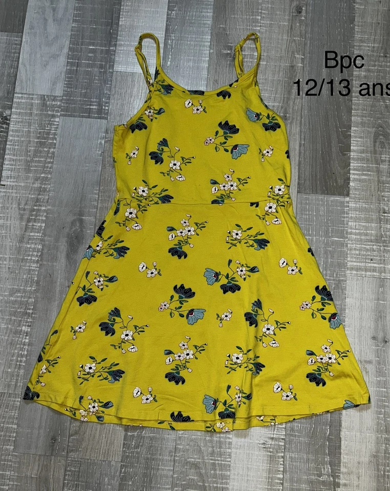 Bpc 12 / 13 ANS FILLE : Robe jersey Jaune Fleurie été TBE - Photo 1/1
