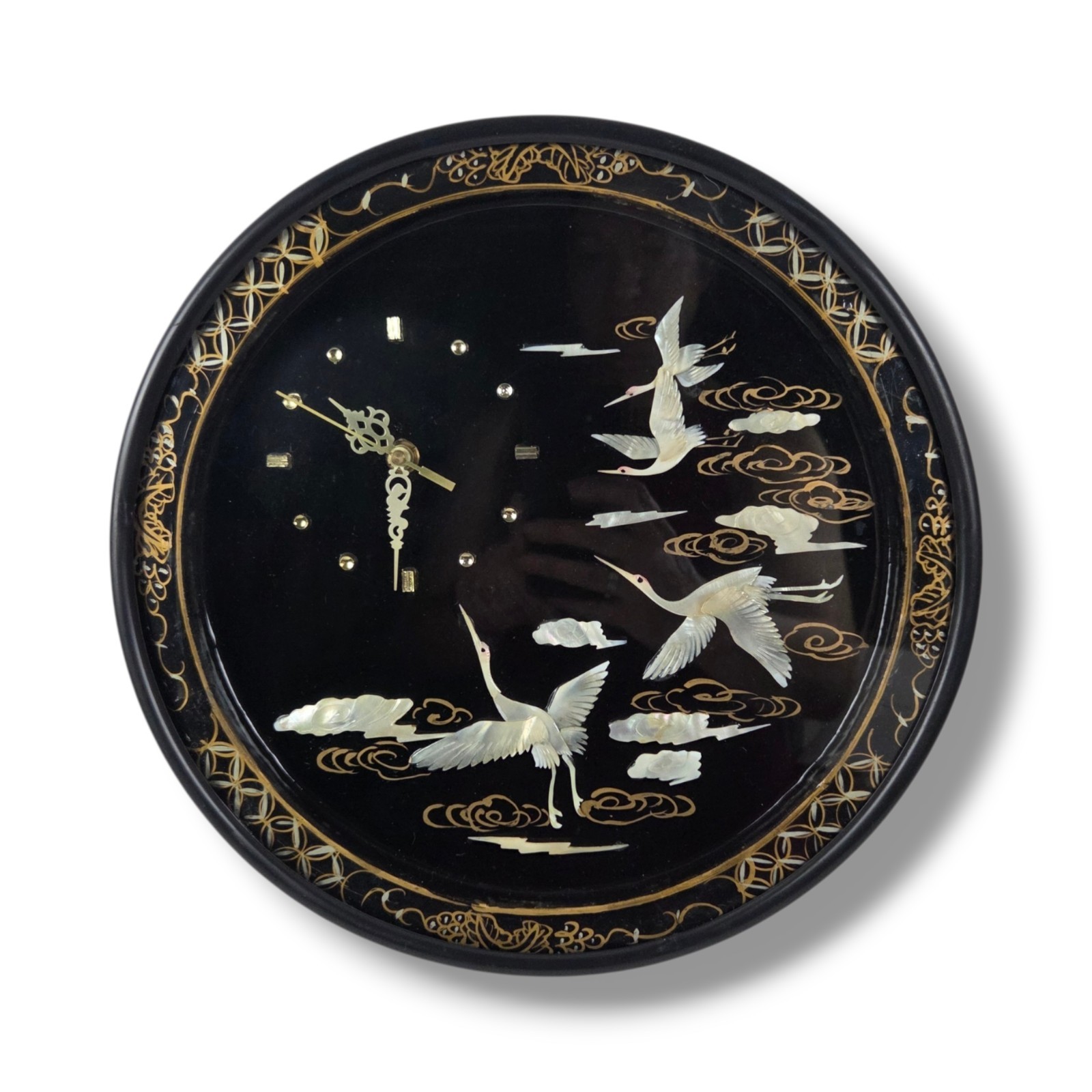 Vintage Asian Mother of Pearl Bird Lacquer Wall Clock 12” Japanese Crane Black