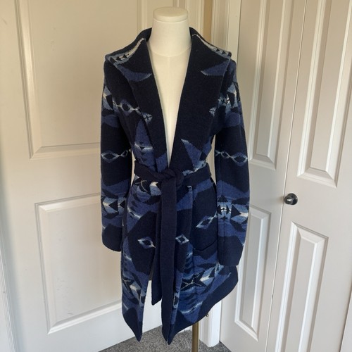 Ralph Lauren blauer Azteken Strick Cardigan Pullover mit Gürtel Kapuze Gr. M