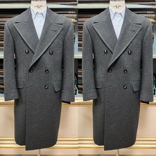 Wool Men's Long Tweed Herringbone Overcoat Double Breasted Winter Outdoor Coat