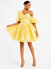 ASOS LUXE Mini Dress UK 10 Sheer Yellow Floral Puff Sleeve Babydoll Party Boho