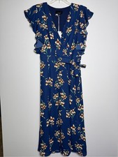 Lumiere Blue Floral Wrap Midi Dress in with Ruffle Sleeves Medium