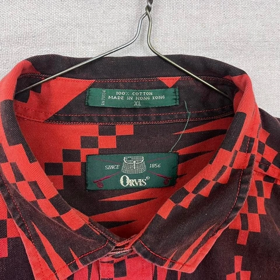 Vintage 90s Orvis Aztec Patterned Button Down Shirt Orange Southwest Western - Image 3 of 4