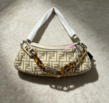 Fendi O Lock Hobo Shoulder Strap Bag Zucca Canvas Tortoiseshell Chain Bag Auth