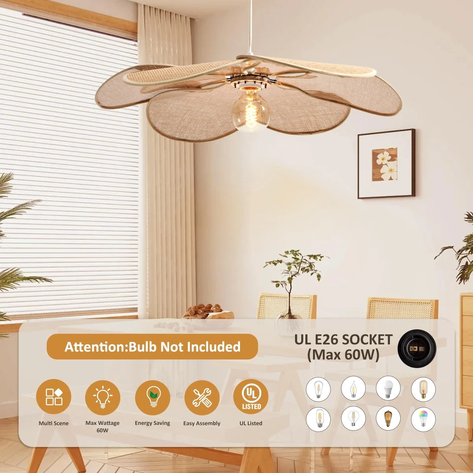 Lámpara Colgante Boho, Pantalla Tejida a Mano Flor 24 Pulgadas 5”-34.5” Ajustable... Foto 3 de 4