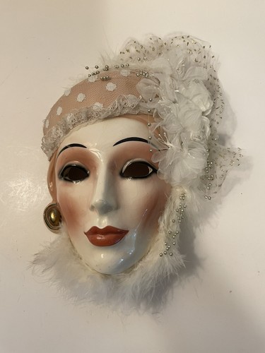 Vintage Clay Art Ceramic Face Wall Mask, White Feathers, Lace, Silver Beads 11" - Picture 6 of 13