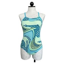 Nike Girls One Piece Swimsuit Criss Cross Back Green Yellow 12-13 Yrs Size Large