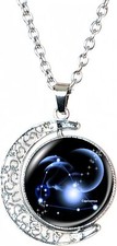 Zodiac Necklace, 12 Constellation Horoscope Sign, Galaxy Crescent Moon Pendant