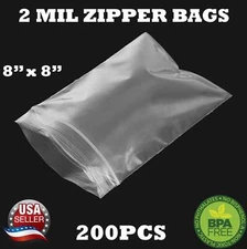 200 - 8" x 8" ZIP SEAL TOP LOCK BAGS CLEAR 2 MIL PLASTIC RECLOSABLE BAGGIES